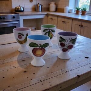 Signed 1960s Vintage Japan Set 4 Egg Cups Fruit Design Kitchen Dinnerware